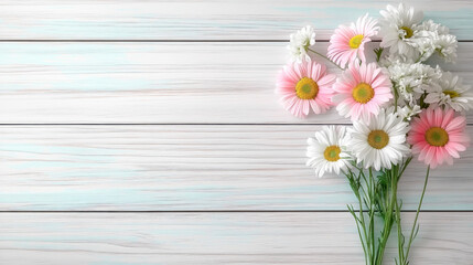 Fototapeta premium Pink daisy flower on wood background copy space .