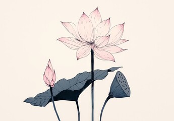 A lotus flower and two leaves, in the style of Chinese ink painting, with simple lines on a white background and black brushstrokes. The color tone is pink,