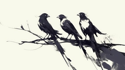 Three magpies perched on a branch, rendered in the style of Chinese ink painting. The simple, minimalist drawing features clean lines against a white background, with minimal details., high quality,