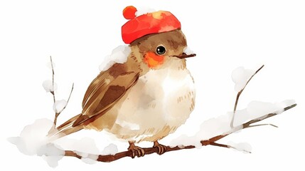Duty-bound forehead bird with a red hat sitting on a snow-covered branch, watercolor illustration, clip art set, white background, in the style of Dutyist., high quality, multi-detail, HD, 8K,