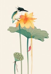 A bird sits on the lotus leaf, holding an orange and yellow flower in its beak. In the style of Chinese ink painting. Simple lines. White background.