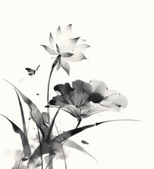 A lotus flower and butterfly in the style of Chinese ink painting, with simple brushstrokes, a white background, and an ink wash technique. The design is minimalist,