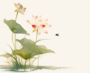 A lotus flower and grass in the style of Chinese ink painting, against a white background, with simple lines and a touch of red on the flower petals. The green leaves are in the top left corner,