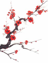 Chinese ink painting style, plum blossom branches with red flowers blooming on the branches, simple lines, white background, high definition, no shadow in the middle of the picture,