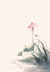 A single lotus bud is about to bloom, surrounded by long green leaves and pink buds, in the style of traditional Chinese ink painting, with black lines on a white background,