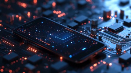 Modern Smartphone on Circuit Board with Illuminated Details and Technology Background Elements