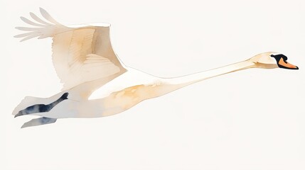 A graceful swan in flight, a simple ink painting style on a white background, with clean lines and shapes reminiscent of traditional Chinese landscape paintings. The swan's posture is elegant,