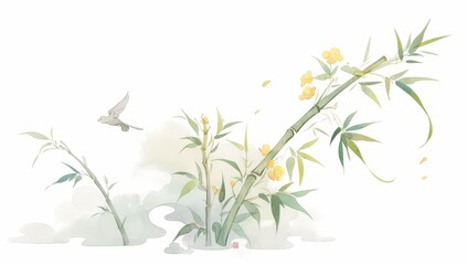 A simple watercolor sketch of bamboo, a small bird, and some clouds on a white background, in the style of Edo period woodblock prints with soft pastel colors, delicate brushstrokes,