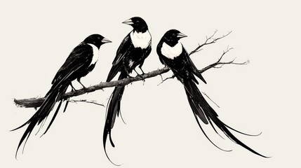 Three magpies perched on a branch, rendered in the style of Chinese ink painting. The simple, elegant line work stands out against a clean, white background, resulting in a high-quality,