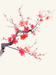 A simple ink painting of plum blossoms, vector illustration in the style of Chinese art, white background, flat design, Chinese brush strokes, red and pink colors, elegant simplicity, high resolution,