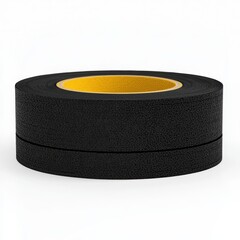 Black Electrical Tape Roll with Yellow Inner Surface on a White Background