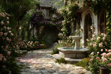 Charming, overgrown garden courtyard with a fountain.