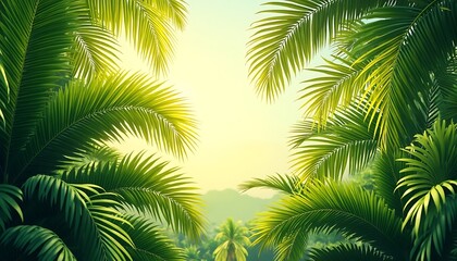 Fototapeta premium Palm Tree Canopy with Tropical Island View at Golden Hour