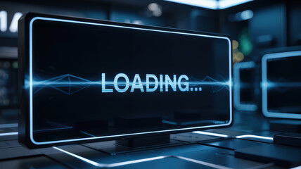 Loading screen on futuristic digital display with neon light in industrial power plant control room environment