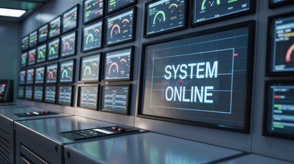 Obraz premium Control room with multiple digital screens monitoring industrial power plant system online for efficient and safe operation in modern facility