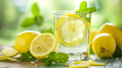 Lemon water in a glass with mint and lemons on a wooden surface with a blurred green background