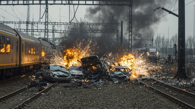 Train collision with explosions train tracks news event industrial setting close-up safety hazard awareness