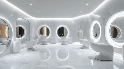 Elegant, bright salon interior with white marble walls and round mirrors, spacious design