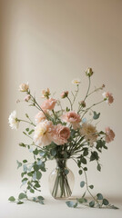 Naklejka premium soft romantic floral bouquet beige tones peonies and roses in decorative vase photography neutral elegant background home interior minimal decor floral botanical wallpaper background