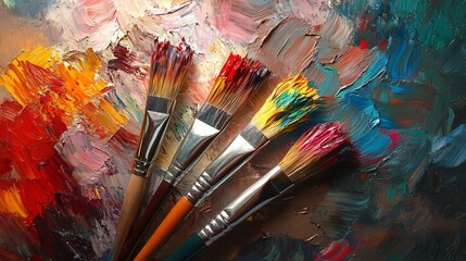 Vibrant Paintbrushes on a Colorful Impasto Canvas: An Artistic Still Life