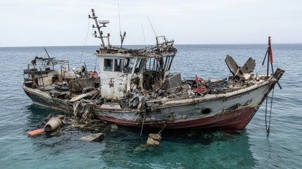 Obraz premium Abandoned fishing vessel ocean coast maritime photography coastal environment side view environmental impact