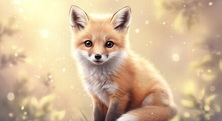 Obraz premium Adorable fox with big brown eyes in a soft, dreamy, golden bokeh background