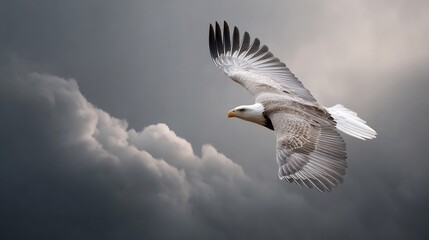 Obraz premium Majestic flight: Bald eagle soars against a dramatic sky filled with storm clouds