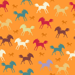 Creative seamless pattern with a herd of horses. Multicolored silhouettes of large and small animals on an orange background. Minimalist print for fabric.