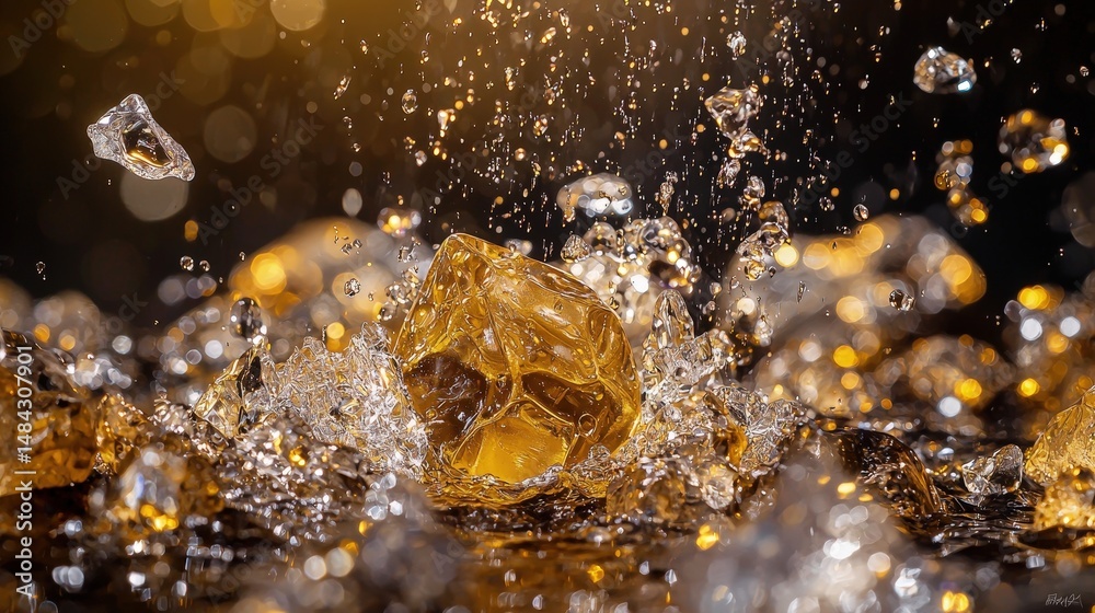 Aufkleber dynamic water splashing with golden stones nature scene high-resolution macro photography close-up p