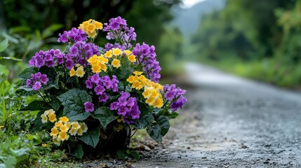 Obraz premium Vibrant flower garden blooms along serene country road nature scene tranquil setting captivating viewpoint
