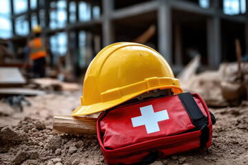 scene construction site with a yellow hard hat and a red first-aid kit bearing a white cross