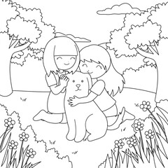 Cute kawaii family, mother and daughter, sister, with their pet puppy dog, hugging and smiling happy on picnic cartoon character coloring page vector illustration, Hand-drawn colouring page for kids