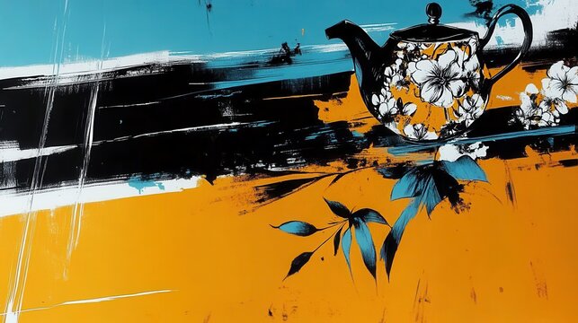 Abstract Brushstroke Landscape with Graphic Tea Kettle and Folia