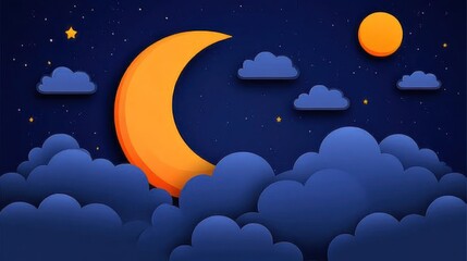 A serene night scene with a large crescent moon among stars and fluffy clouds