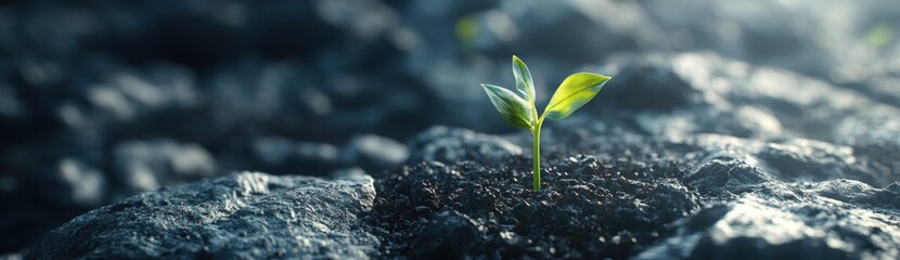 Tiny sprout emerging from rocky terrain