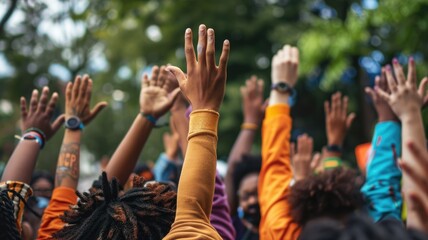 Group of happy diverse people raising their hands outdoors. Multicultural people wearing casual cloth and raised hands or putting hand up. Answering, asking, volunteering, voting, questioning. AIG53.