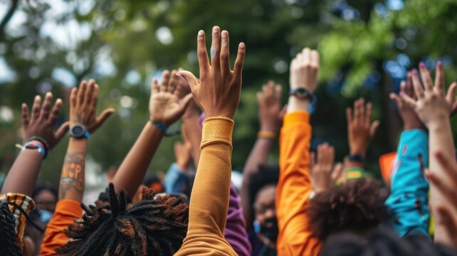 Group of happy diverse people raising their hands outdoors. Multicultural people wearing casual cloth and raised hands or putting hand up. Answering, asking, volunteering, voting, questioning. AIG53.
