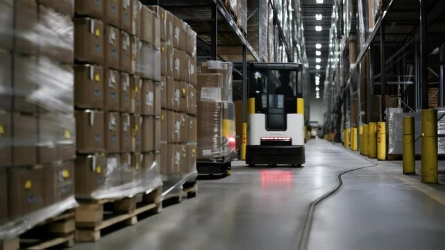 A side angle of a tugger train negotiating a curving path in a warehouse emphasizing the advanced technology enabling autonomous navigation in tight spaces.