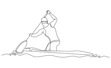 Continuous line drawing art of man rowing canoe. Vector illustration single one sketch editable stroke of sport man paddle kayak