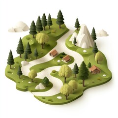 Scenic nature landscape with trees houses and mountains digital art peaceful environment aerial view serenity