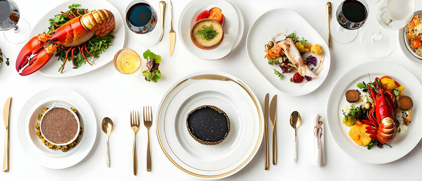 Elegant Formal Dining Table Setting With Lobster, Tart And Other Dishes