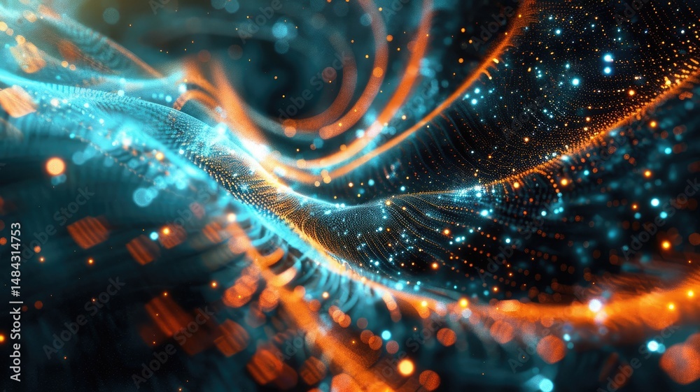 Poster abstract picture micro light sparkling particle represent data flow vivid flowing wave with high tec