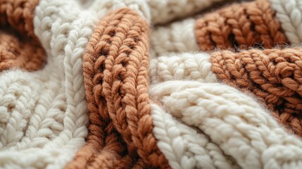 Close-Up of Chunky Knit Wool Sweater in Terracotta and Cream