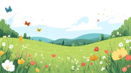Colorful spring meadow landscape with butterflies. Lush green grass field dotted with wildflowers, hills in the background