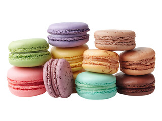 Fototapeta premium A colorful stack of macarons in various flavors and colors on a white or transparent background in a close up shot