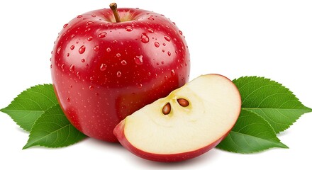 Fresh Red Apple with Water Droplets and Leaf Garnish
