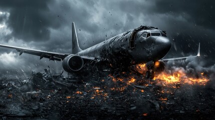 Airplane crash scene urban area digital artwork destructive environment dramatic viewpoint