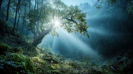Sunlight filtering through ancient tree in enchanted forest nature scene mystical environment serene viewpoint