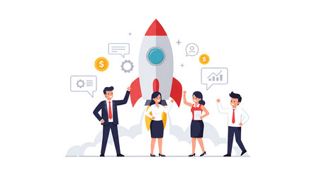 Team Launching Business Startup Rocket