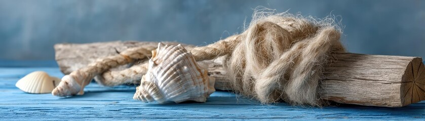 Fototapeta premium Beach scene on blue wooden with colourful shells and rope concept. Natural coastal decor featuring driftwood, shell, and rope.